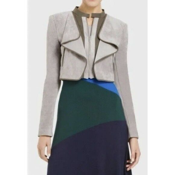 BCBGMaxAzria Sloan Vegan Suede Cropped Moto Jacket Moss Gray Beige Long Sleeve M - Picture 1 of 6